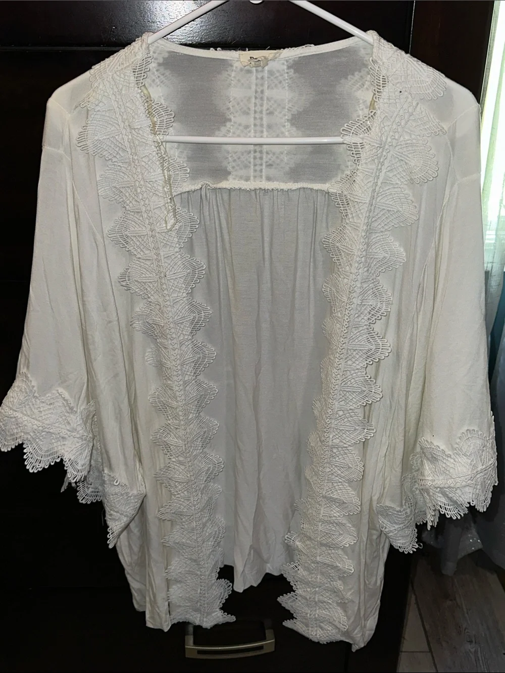 POL Cream Lace-Trim Open Front Cardigan